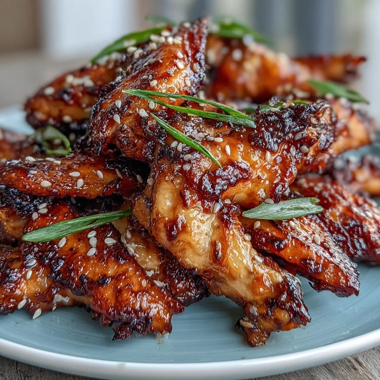 Sticky honey garlic glazed chicken wings cooked to golden perfection in the air fryer, topped with fresh green onions and sesame seeds.