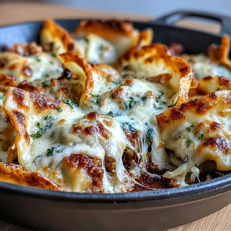 One-pan fusion meal featuring tender dumpling wrappers, seasoned ground turkey, and melted cheese atop a bed of sautéed cabbage.  