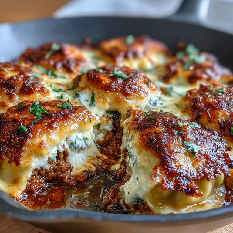 Comforting skillet dinner with layers of dumpling wrappers, ricotta, and ground turkey nestled in rich marinara sauce and vegetables.