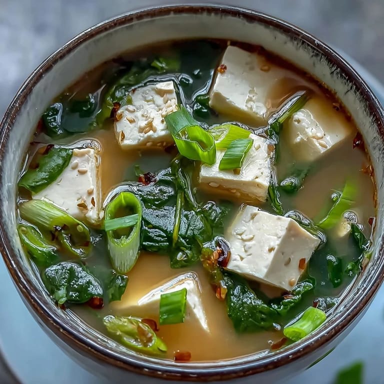 Warm miso soup featuring tender tofu, vibrant spinach, and aromatic green onions, perfect for a light meal.  