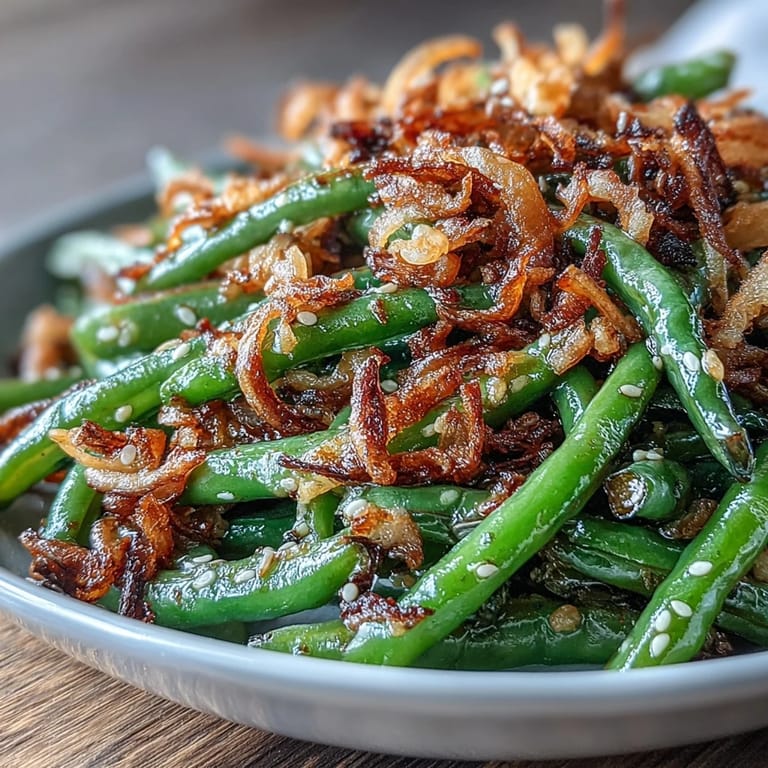 Aromatic garlic and toasted sesame enhance fresh green beans, finished with crunchy fried onion topping.  