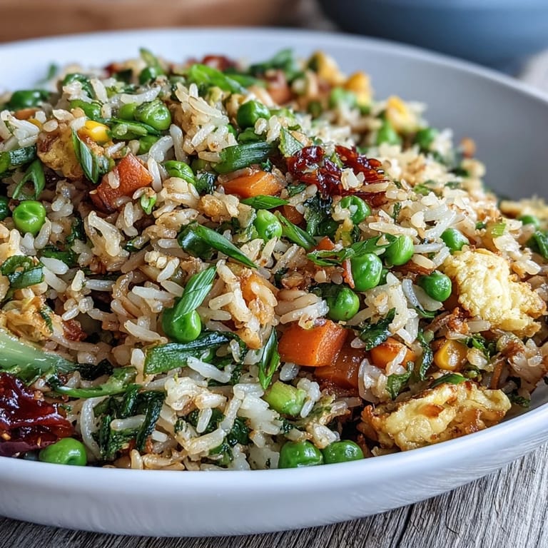 Delicious fried rice bursting with fresh spring peas, carrots, and bell peppers, seasoned with soy sauce and sesame oil. Perfect for a quick, vegetarian dinner.