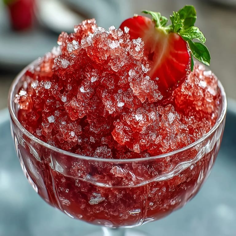 Fluffy strawberry-lime granita with a hint of rum, garnished with mint and fresh berries in chilled dessert cups.  