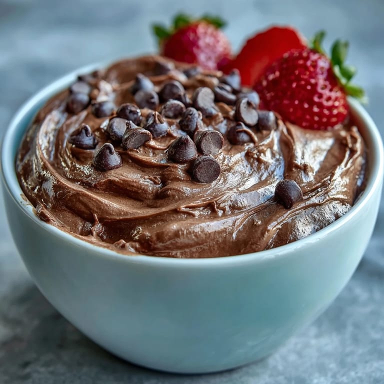 Rich and smooth cottage cheese chocolate dip topped with mini chocolate chips, surrounded by colorful fresh fruit for a healthy dessert platter.  