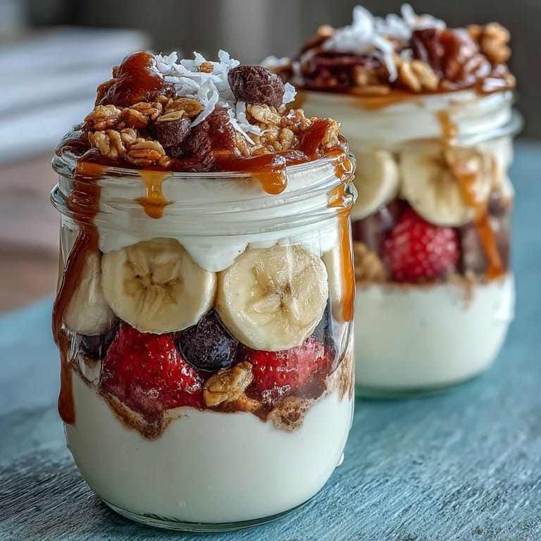 Nutritious breakfast jar inspired by banana split, featuring fluffy yogurt, fresh fruit, granola, and a touch of dark chocolate.