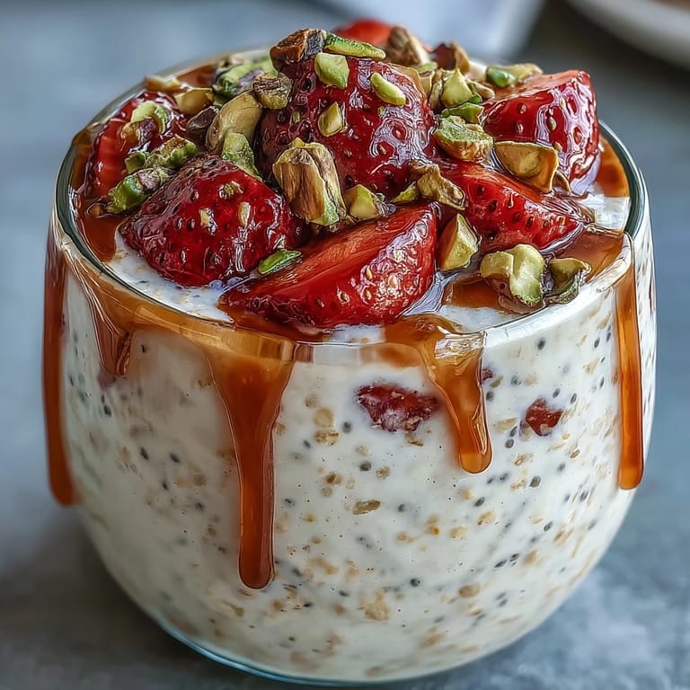 Layered strawberry pistachio overnight oats topped with Greek yogurt, chia seeds, and honey for a wholesome morning treat.
