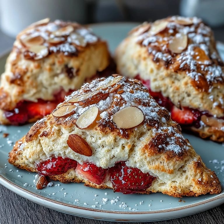 Buttery scones made with nutty brown butter and sweet strawberries, garnished with almond slices and a touch of coarse sugar for extra texture.