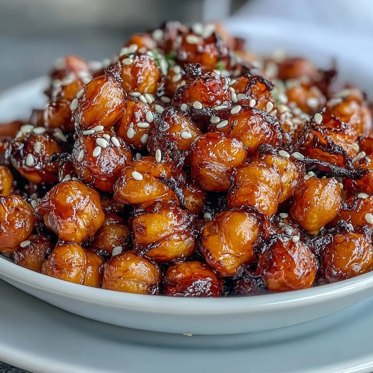 Plant-based meal featuring crispy chickpeas with chili garlic glaze over jasmine rice.