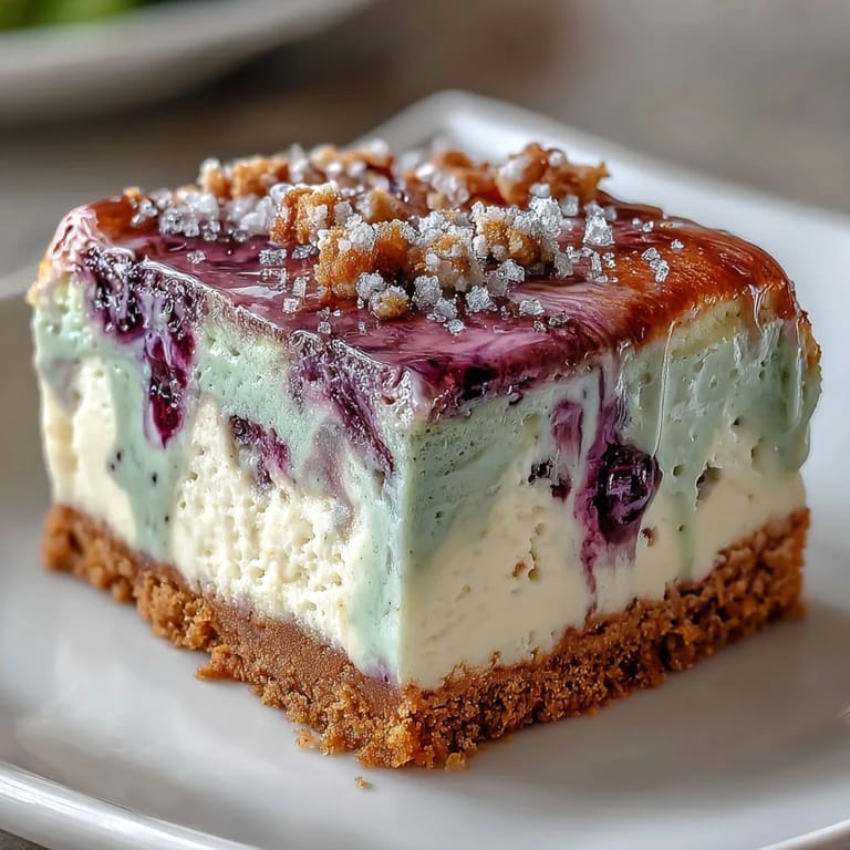 Festive cheesecake bars featuring marbled colors and buttery graham cracker base, topped with sweet icing and sanding sugar.  