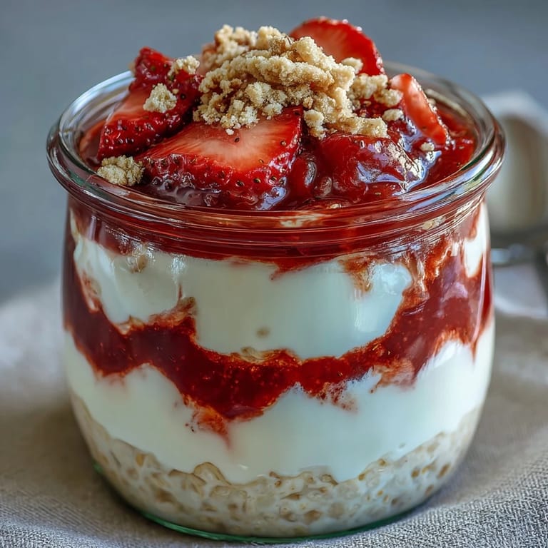 Protein-packed strawberry cheesecake overnight oats made with cottage cheese, fresh berries, and maple syrup for a satisfying morning meal.