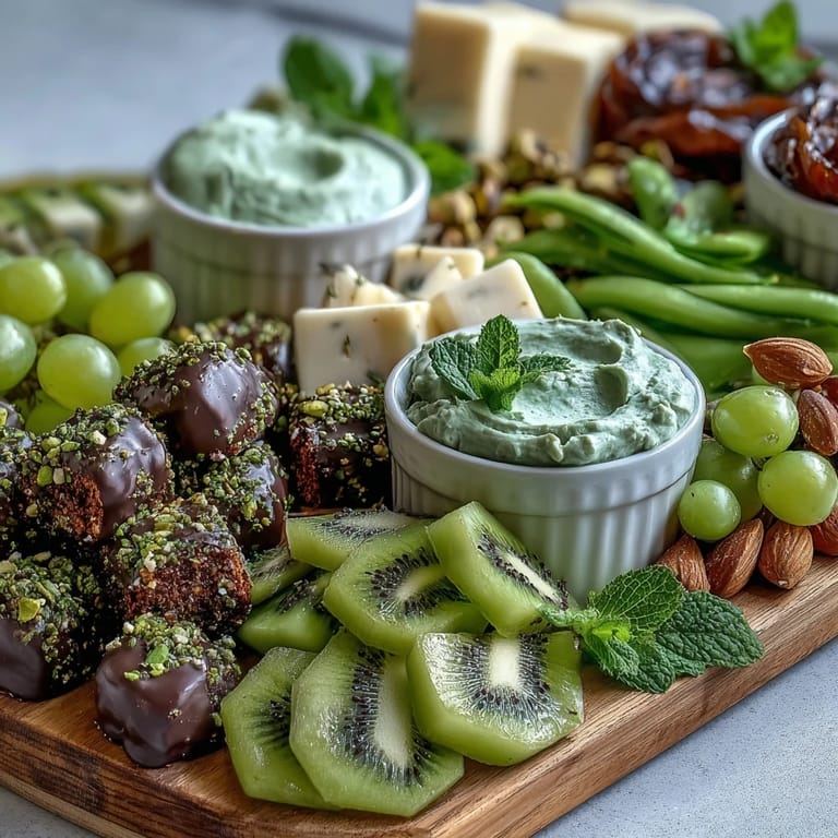 A beautifully arranged St. Patrick's Day snack board with guacamole, pistachios, and chocolate-dipped pretzels.