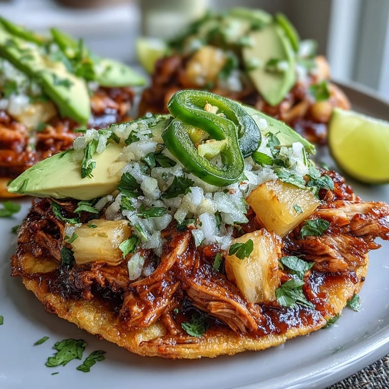 Zesty chicken pineapple salsa tostadas topped with vibrant veggies and a squeeze of lime for a refreshing meal.  