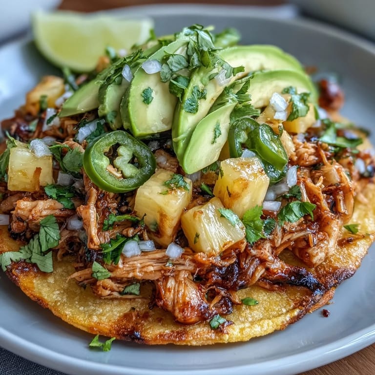 Golden corn tostadas piled high with smoky chicken, sweet pineapple salsa, and ripe avocado for a colorful dish.