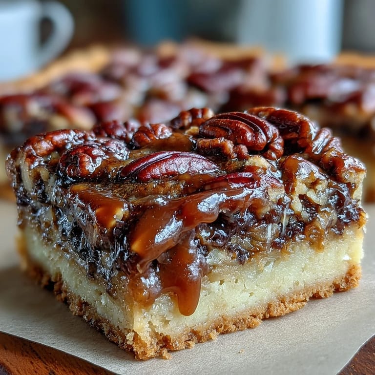 Decadent pecan pie bars featuring a rich, bourbon-spiked filling over a crisp shortbread base, ideal for Southern dessert lovers.