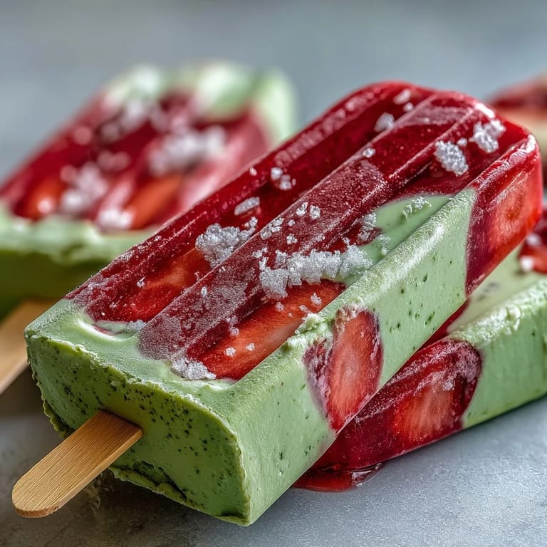Delicious homemade popsicles featuring sweet strawberries and earthy matcha, swirled together for a stunning visual treat.