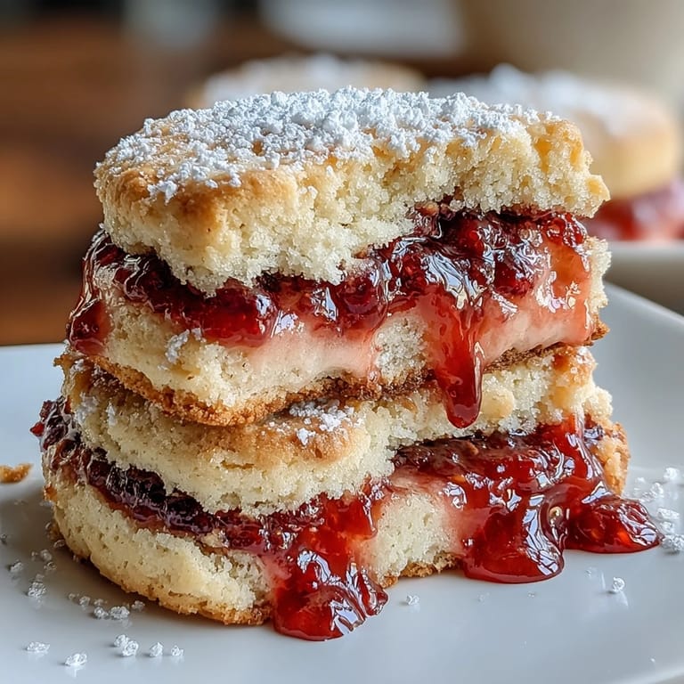 Buttery shortbread cookies made with rich clotted cream, filled with sweet-tart raspberry jam for a delightful British dessert.