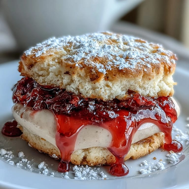 Golden-brown shortbread cookies with a luscious clotted cream base, sandwiched with vibrant raspberry filling for a classic teatime indulgence.