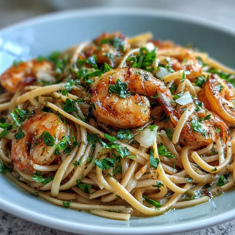 Fresh lemon garlic shrimp pasta served with a sprinkle of parsley and a side of crisp white wine.