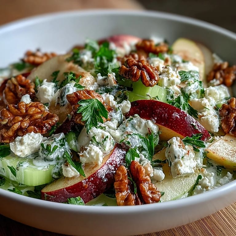 A vibrant salad featuring crunchy celery, sweet apples, and toasted walnuts, topped with crumbled feta and fresh parsley.