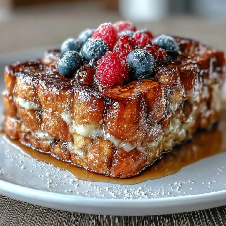 Luscious croissant casserole soaked in vanilla custard, topped with fresh berries and a sprinkle of turbinado sugar.