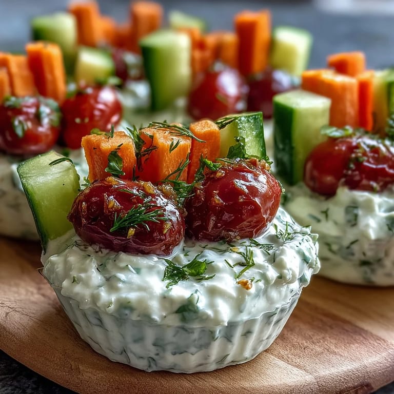 Freshly sliced vegetables arranged in clear cups with a tangy, herb-infused Greek yogurt ranch dip—ideal for picnics or party platters.