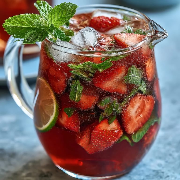 Colorful strawberry mint mocktail pitcher featuring ripe strawberries, bright mint leaves, and citrus wheels, ideal for warm-weather celebrations.