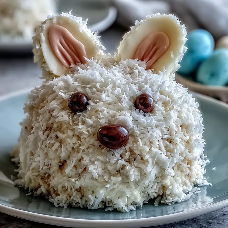 Whimsical bunny-shaped cake decorated with shredded coconut fur, jelly bean paws, and a bright tail, ideal for Easter dessert tables.