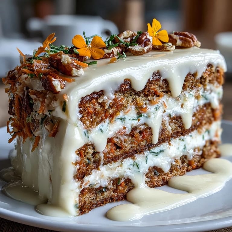 Spiced carrot cake layered with rich cream cheese frosting, topped with crunchy walnuts for a festive spring dessert.