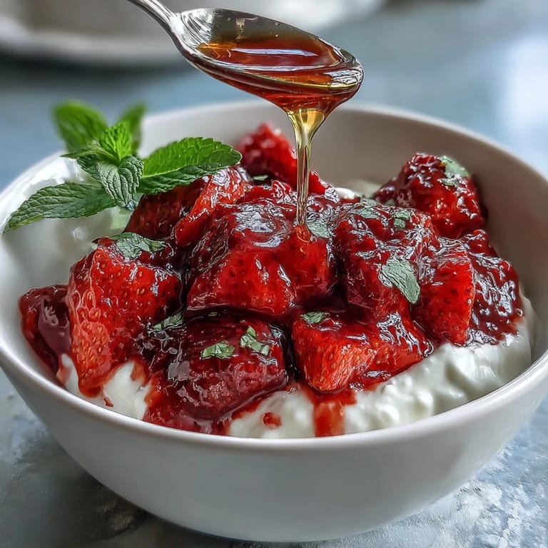 Sweet strawberry compote served over thick Greek yogurt, garnished with fresh mint leaves.