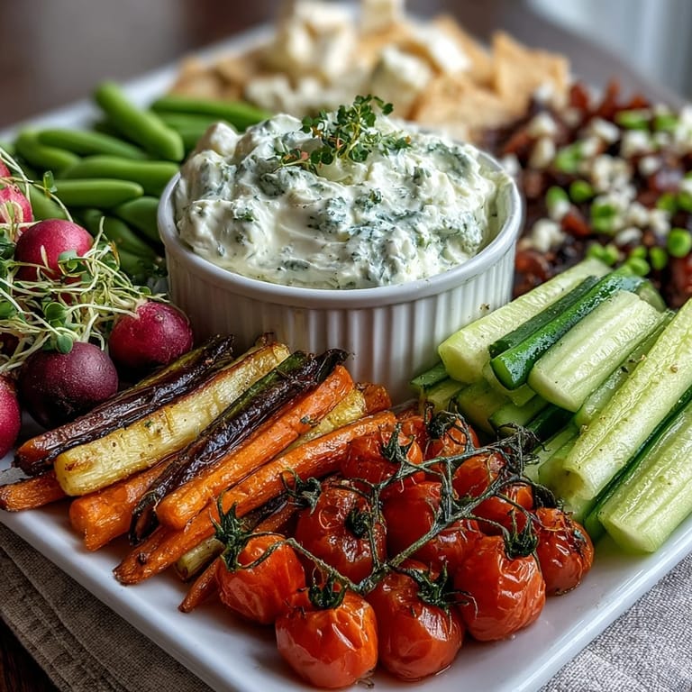 Fresh spring vegetable platter with radishes, peas, and herb dip—colorful, healthy, and perfect for entertaining or light snacking.