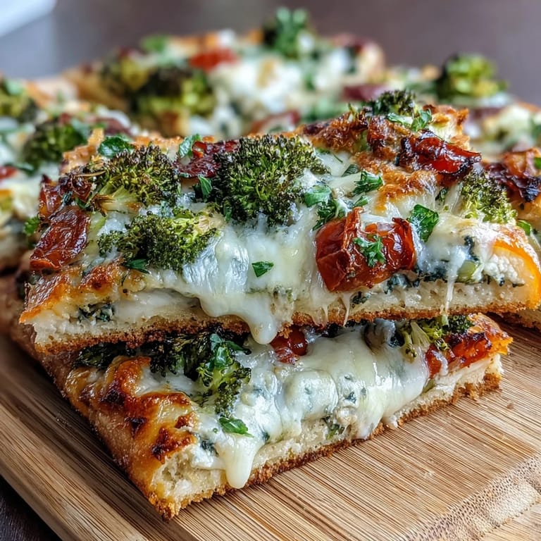 Vibrant vegetable flatbread pizza featuring red, orange, yellow, and green bell peppers baked with melted mozzarella cheese.