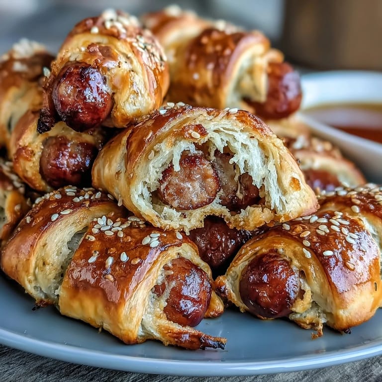Flaky pastry-wrapped cocktail sausages arranged on a platter with creamy mustard dip, perfect for game day parties.  
