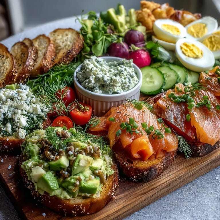 Colorful avocado toast board with smoked salmon, fresh dill, and optional toppings, perfect for an easy spring brunch gathering.