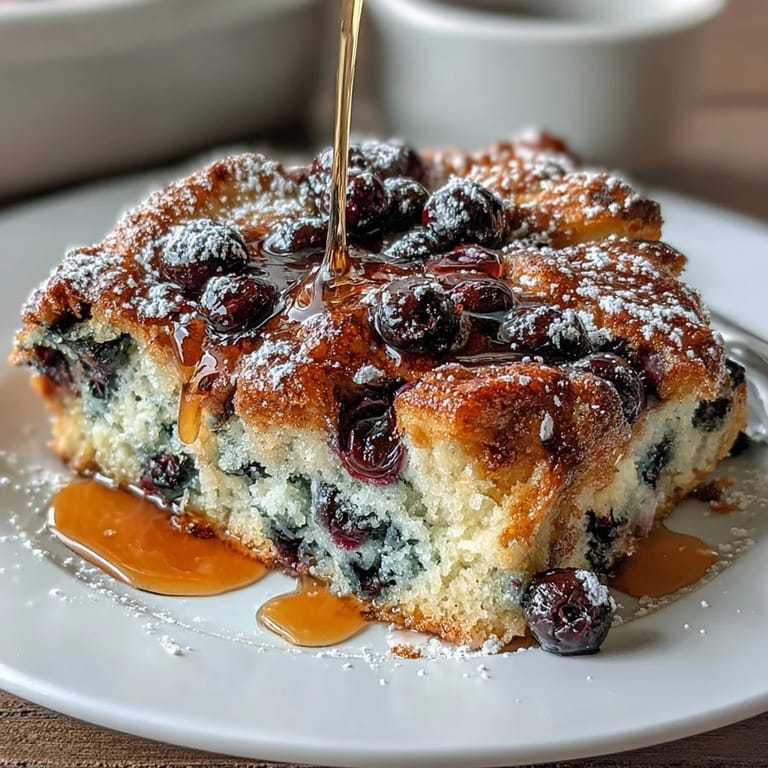 Cozy blueberry pancake casserole baked until golden, layered with fresh blueberries and dusted with powdered sugar, ideal for a hearty morning treat.