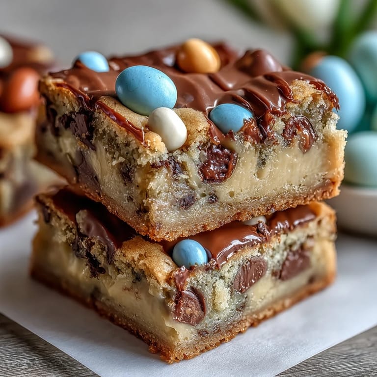 Soft and gooey peanut butter Easter egg cookie bars, loaded with festive candy and melty chocolate chips.  