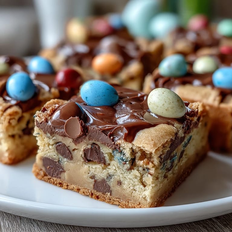 Festive peanut butter Easter egg cookie bars, chewy and rich, topped with vibrant candy for spring celebrations.