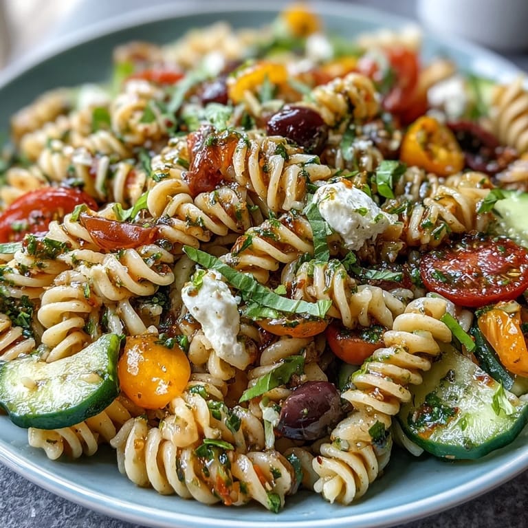 Refreshing pasta salad with cherry tomatoes, bell peppers, and mozzarella, drizzled in homemade Italian dressing for summer picnics.