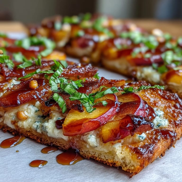 Sweet and smoky BBQ peach flatbread with creamy Brie, caramelized onions, and a drizzle of honey for summer grilling.