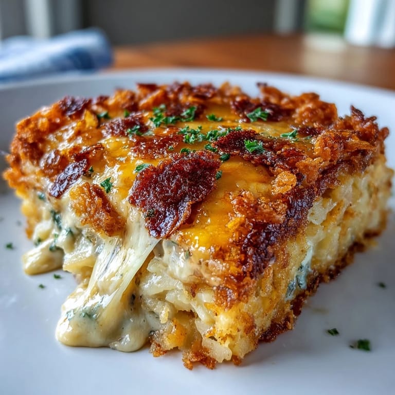 Creamy, savory hash brown casserole baked with cheddar and sour cream, topped with golden crunch.