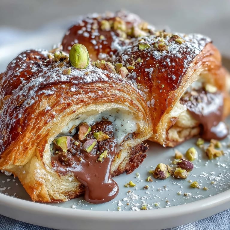 Luxurious Dubai chocolate pistachio croissant French toast, dusted with powdered sugar.