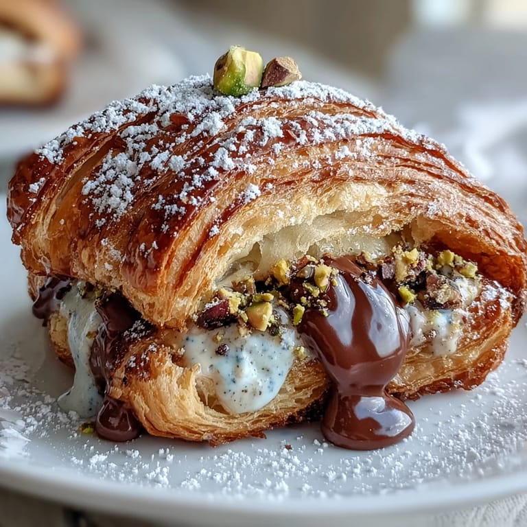 Pan-fried Dubai chocolate pistachio croissant French toast with crunchy pistachio topping.