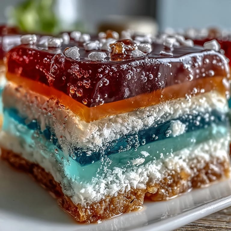 Beautifully layered Rainbow Jelly Cake dessert, glistening with coconut cream on top.