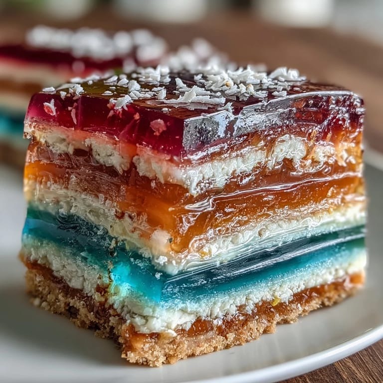 A stunning, colorful Rainbow Jelly Cake ready to be served chilled.