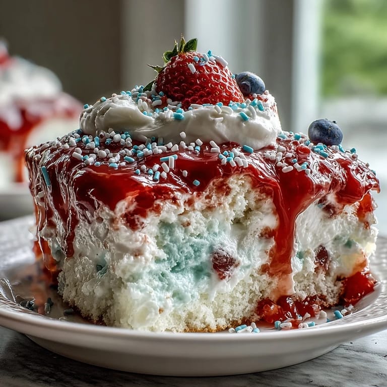 Festive Red White Blue Poke Cake, showing off bright gelatin layers topped with patriotic sprinkles.
