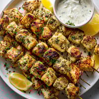 A plate of meat with a bowl of sauce and lemon wedges.
