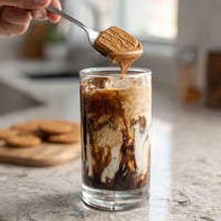 A person is pouring a Teddy Graham Iced Latte into a glass.