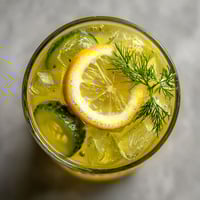 A glass of lemonade with a lemon slice and a sprig of mint.