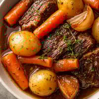 A bowl of meat and vegetables.