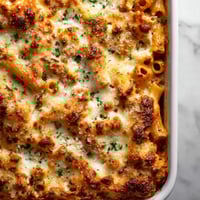 A close up of a casserole dish with a cheese and pasta dish.
