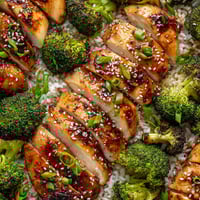 A close up of a delicious meal of Teriyaki Chicken and Broccoli.